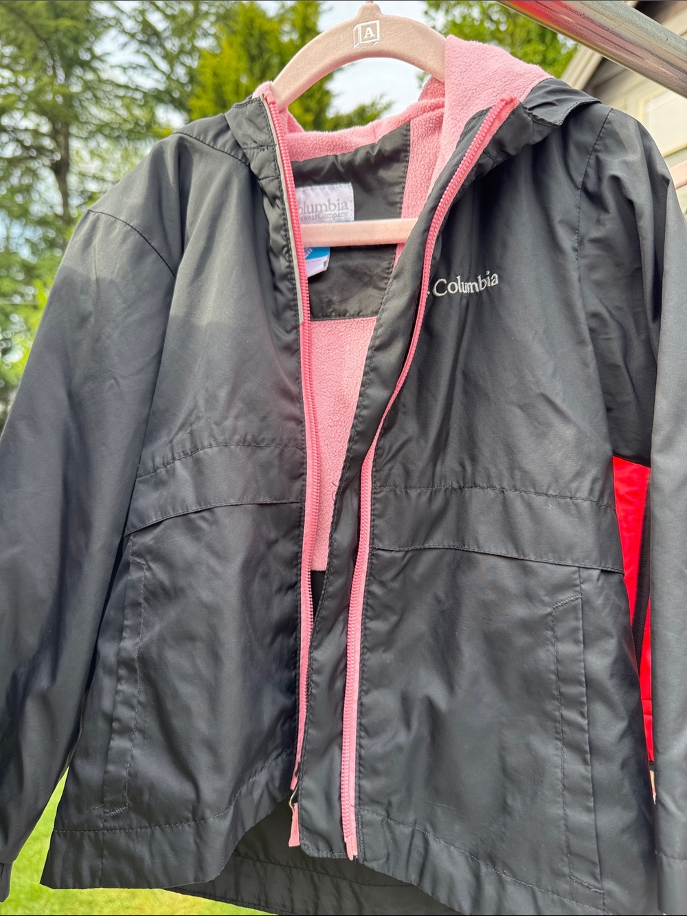 Columbia Black Jacket with Pink Lining and Red Side Panels